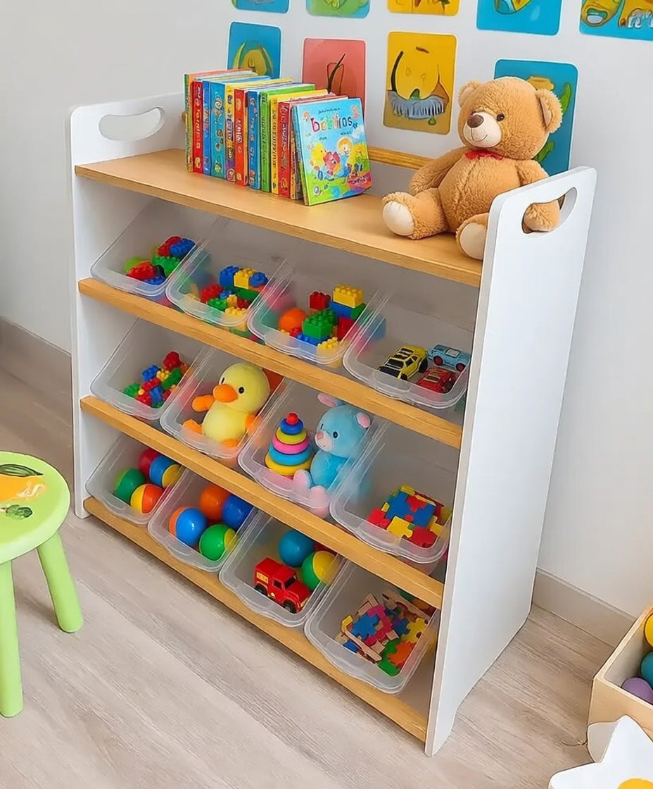 Juguetero grande con repisa | 12 contenedores | Diseño Montessori en blanco y okume