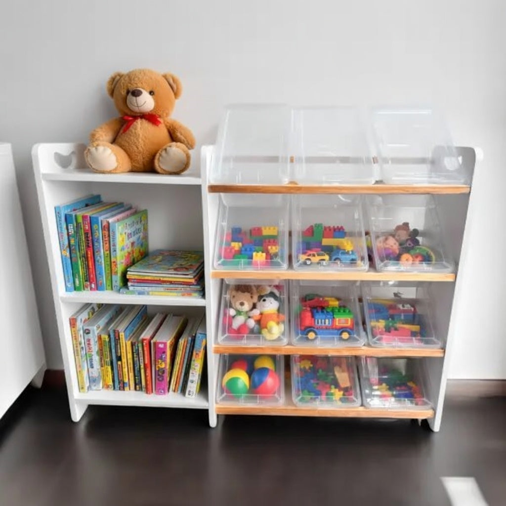 🧸 Juguetero con 3 Repisas Laterales (12 contenedores, blanco)
